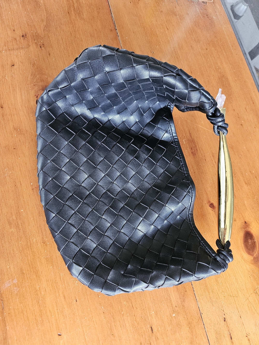 Bottega Veneta Italy Intrecciato Black Woven Leather Hobo Bag Gold Accent Handle